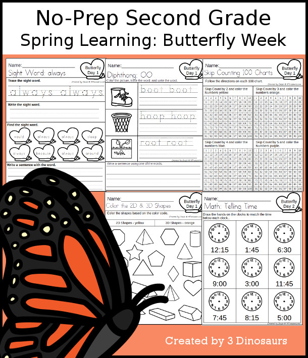 No-Prep Butterfly Themed Weekly Pack for Second Grade with 5 days of activities to do to learn with a spring Butterfly theme - 3Dinosaurs.com