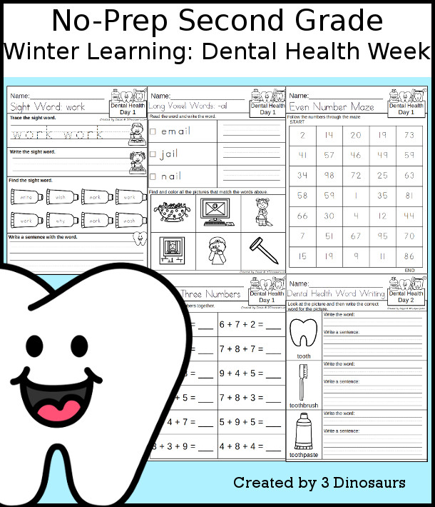 No-Prep Dental Health Weekly Pack for Second Grade with 5 days of activities to do to learn with a spring Dental Health theme - 3Dinosaurs.com