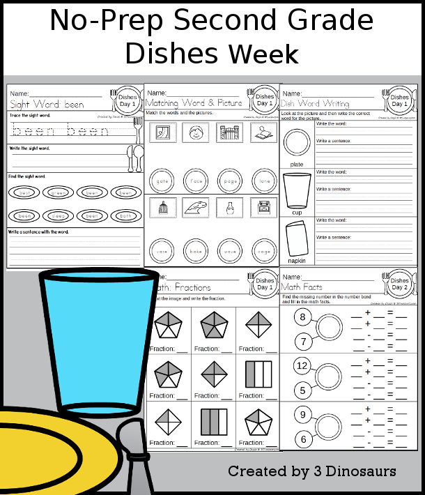 No-Prep Dishes Weekly Pack for Second Grade with 5 days of activities to do to learn with a winer Dishes theme - 3Dinosaurs.com