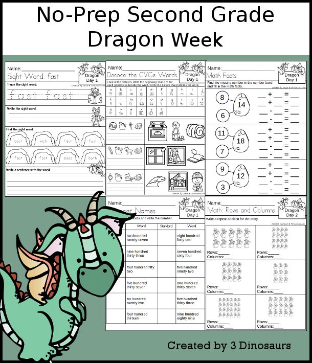 No-Prep Dragon Weekly Pack for Second Grade with 5 days of activities to do to learn with a spring Dragon theme - 3Dinosaurs.com