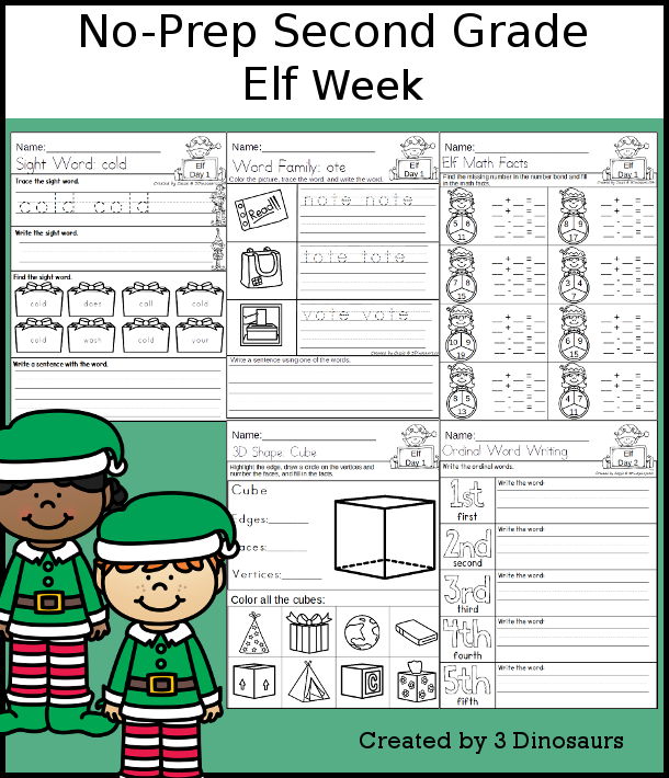 No-Prep Elf Weekly Pack for Second Grade with 5 days of activities to do to learn with a Winter Elf theme - 3Dinosaurs.com