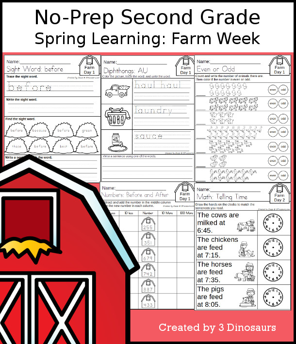 No-Prep Farm Themed Weekly Pack for Second Grade with 5 days of activities to do to learn with a spring Farm theme - 3Dinosaurs.com