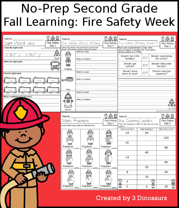 No-Prep Fire Safety Themed Weekly Pack for Second Grade with 5 days of activities to do to learn with a fall Fire Safety theme - 3Dinosaurs.com