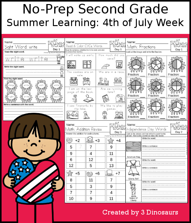 No-Prep Fourth of July Themed Weekly Pack for Second Grade with 5 days of activities to do to learn with a summer Fourth of July theme - 3Dinosaurs.com