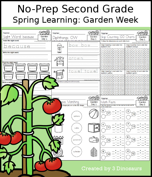 No-Prep Garden Themed Weekly Pack for Second Grade with 5 days of activities to do to learn with a spring Garden theme - 3Dinosaurs.com