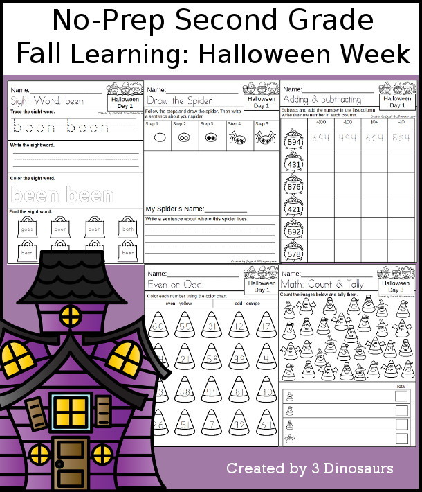 No-Prep Halloween Themed Weekly Pack for Second Grade with 5 days of activities to do to learn with a Halloween theme - 3Dinosaurs.com