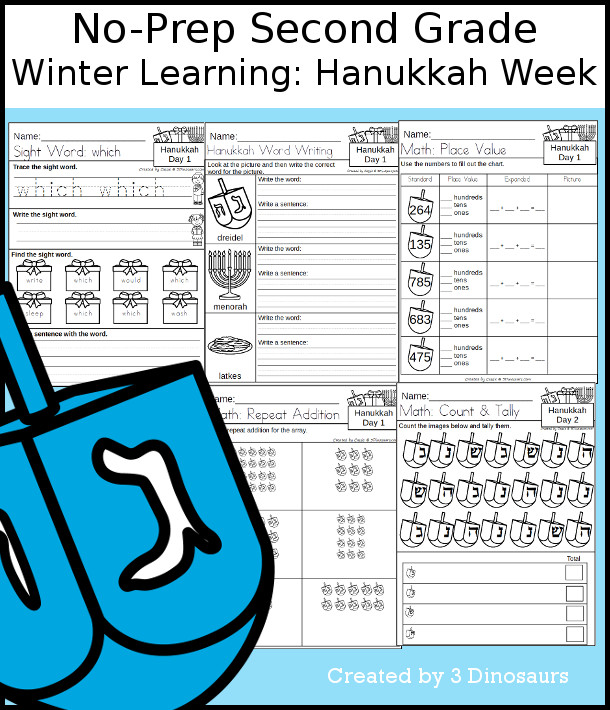 No-Prep Hanukkah Themed Weekly Pack for Second Grade with 5 days of activities to do to learn with a winter Hanukkah theme - 3Dinosaurs.com