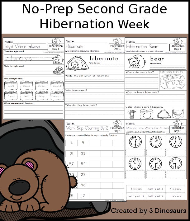 No-Prep Hibernation Weekly Pack for Second Grade with 5 days of activities to do to learn with a winter Hibernation theme - 3Dinosaurs.com