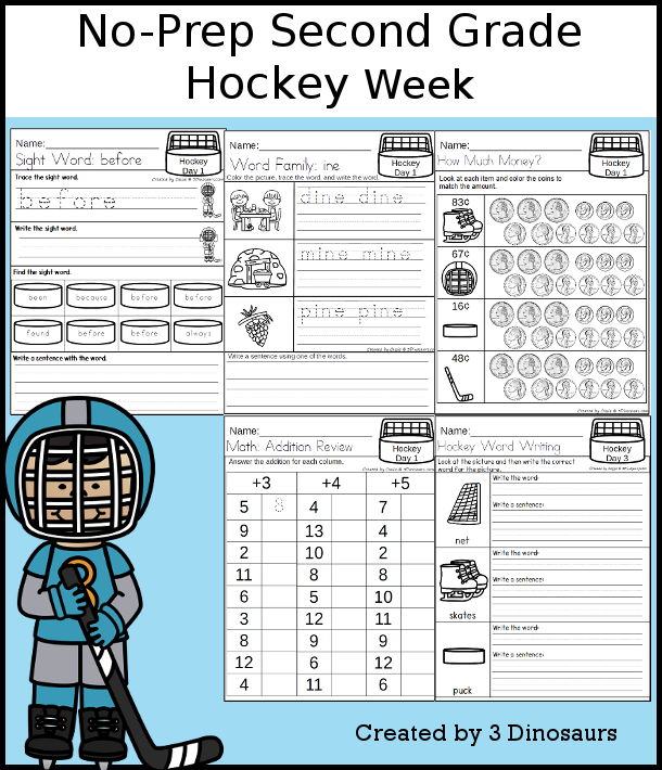 No-Prep Hockey Weekly Pack for Second Grade with 5 days of activities to do to learn with a winter Hockey theme - 3Dinosaurs.com