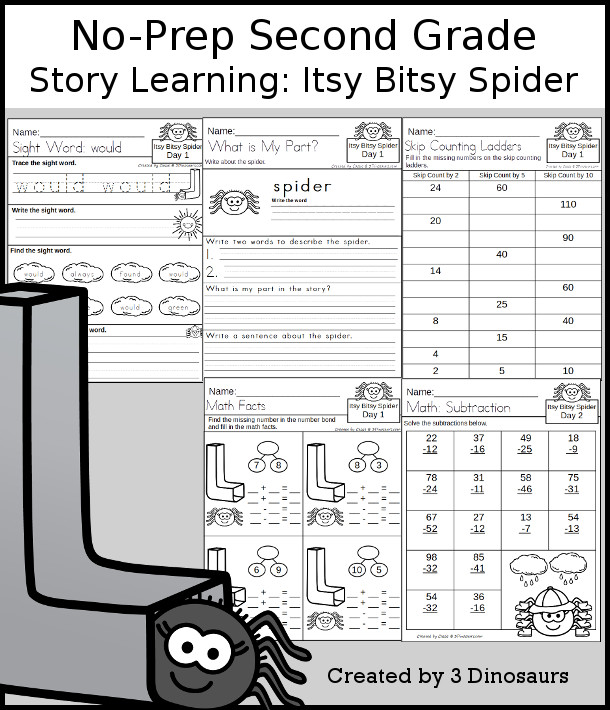 No-Prep Itsy Bitsy Spider Themed Weekly Pack for Second Grade with 5 days of activities to do to learn with a spring Itsy Bitsy Spider theme - 3Dinosaurs.com