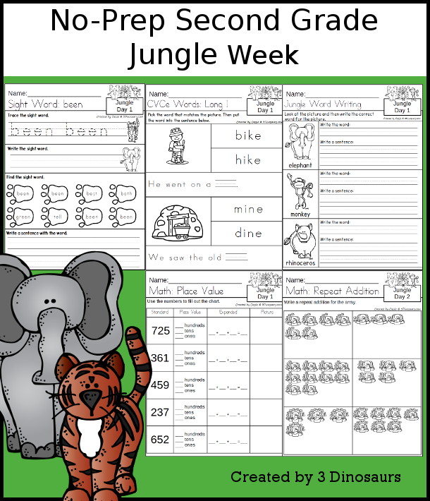 No-Prep Jungle Weekly Pack for Second Grade with 5 days of activities to do to learn with a summer Jungle theme - 3Dinosaurs.com