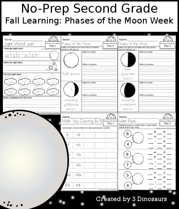 No-Prep Phases of the Moon  Weekly Pack for Second Grade with 5 days of activities to do to learn with a spring Phases of the Moon theme - 3Dinosaurs.com