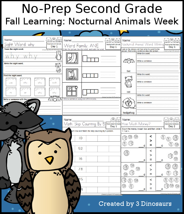 No-Prep Nocturnal Animals Weekly Pack for Second Grade with 5 days of activities to do to learn with a fall Nocturnal Animals theme - 3Dinosaurs.com