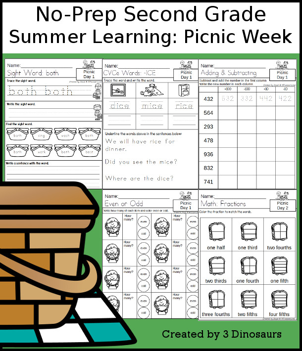 No-Prep Picnic Weekly Pack for Second Grade with 5 days of activities to do to learn with a summer Picnic theme - 3Dinosaurs.com