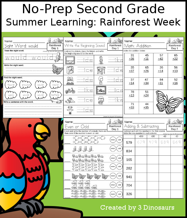 No-Prep Rainforest Weekly Pack for Second Grade with 5 days of activities to do to learn with a summer Rainforest theme - 3Dinosaurs.com