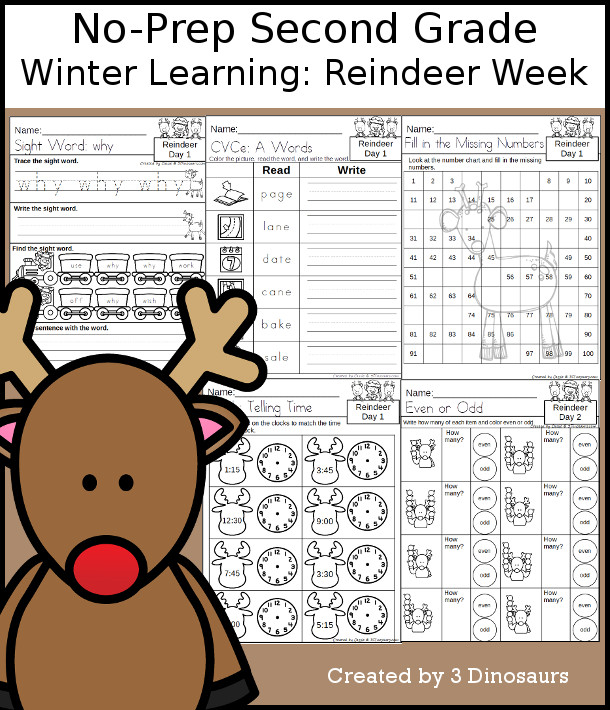 No-Prep Reindeer Themed Weekly Pack for Second Grade with 5 days of activities to do to learn with a winter Reindeer theme - 3Dinosaurs.com