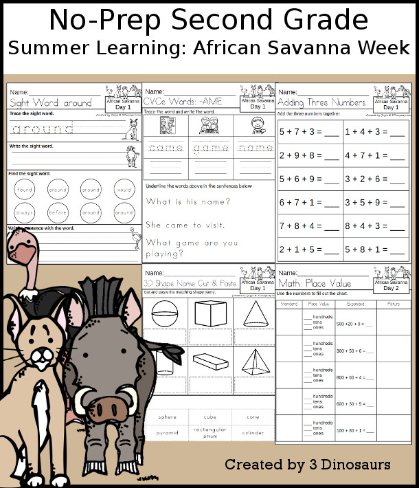 No-Prep African Savanna Weekly Pack for Second Grade with 5 days of activities to do to learn with a spring African Savanna theme - 3Dinosaurs.com