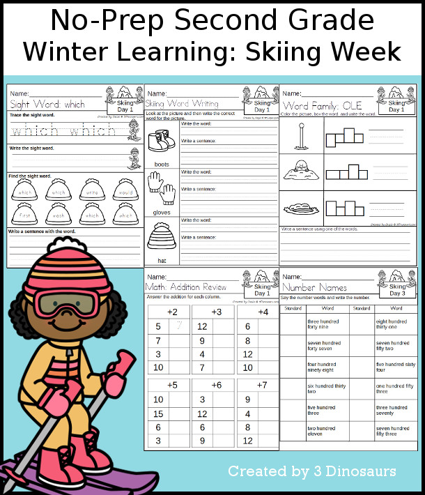 No-Prep Skiing Weekly Pack for Second Grade with 5 days of activities to do to learn with a winter Skiing theme - 3Dinosaurs.com