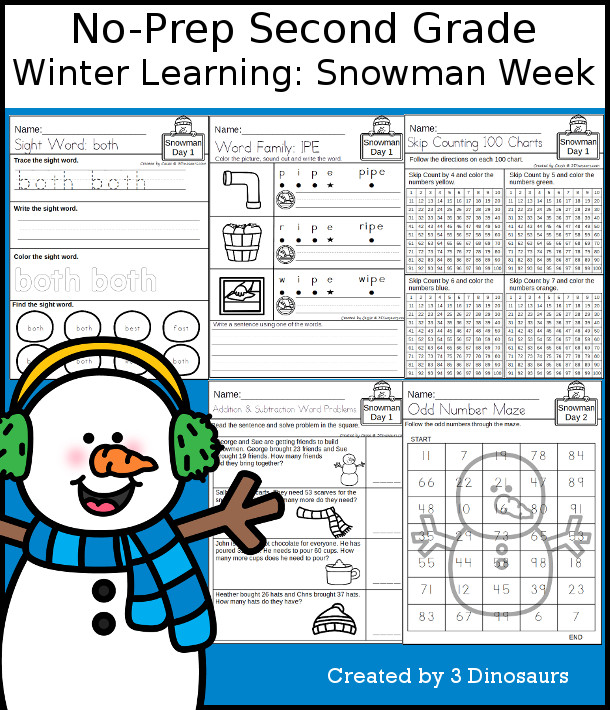 No-Prep Snowman Themed Weekly Pack for Second Grade with 5 days of activities to do to learn with a Snowman theme - CVCe, math and language activities - 3Dinosaurs.com