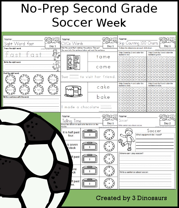 No-Prep Soccer Weekly Pack for Second Grade with 5 days of activities to do to learn with a spring Soccer theme - Football wording also available.  - 3Dinosaurs.com