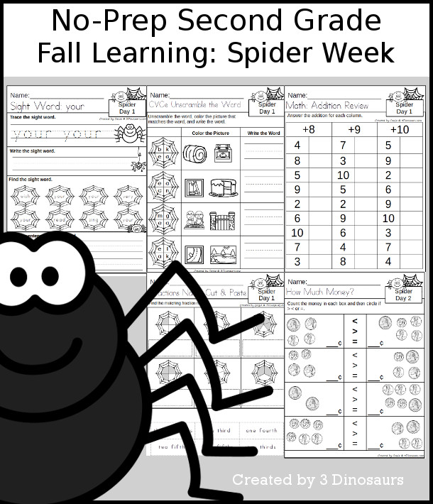 No-Prep Spider Weekly Pack for Second Grade with 5 days of activities to do to learn with a fall Spider theme - 3Dinosaurs.com