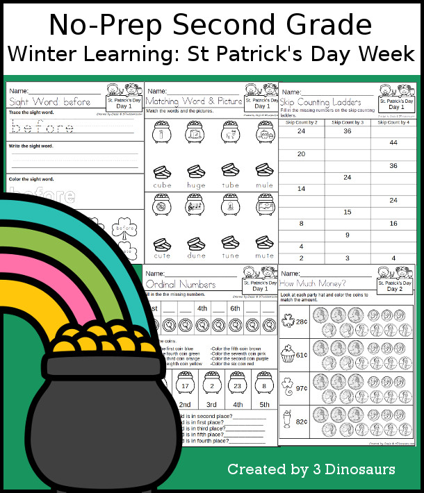 No-Prep St. Patrick's Day Themed Weekly Pack for Second Grade with 5 days of activities to do to learn with a St. Patrick's Day theme - 3Dinosaurs.com