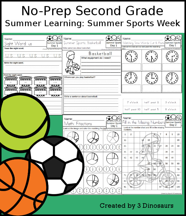 No-Prep Summer Sports Themed Weekly Pack for Second Grade with 5 days of activities to do to learn with a Summer Sports theme - 3Dinosaurs.com