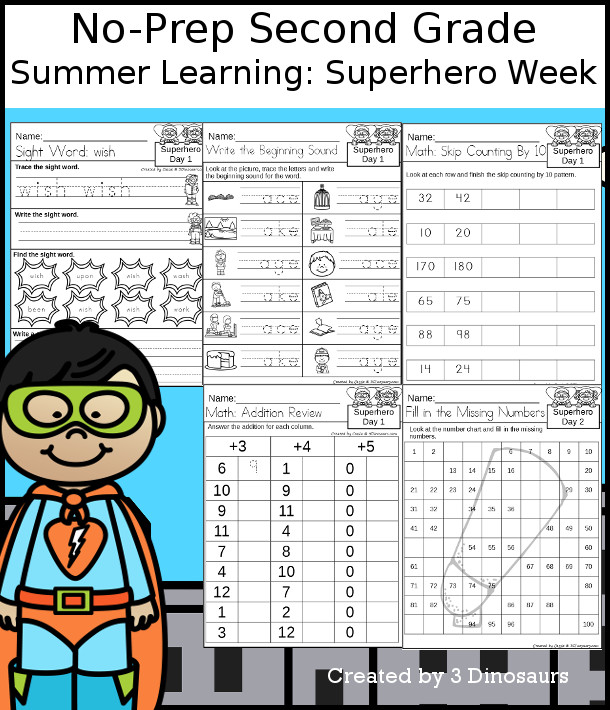 No-Prep Superhero Themed Weekly Pack for Second Grade with 5 days of activities to do to learn with a summer Superhero theme - 3Dinosaurs.com