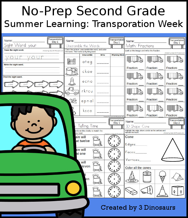 No-Prep Transportation Themed Weekly Pack for Second Grade with 5 days of activities to do to learn with a summer Transportation theme - 3Dinosaurs.com