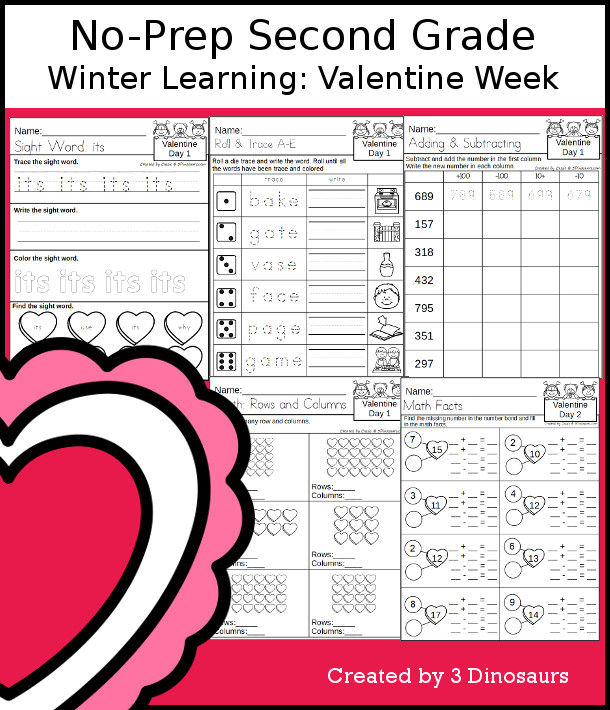 No-Prep Valentine Themed Weekly Pack for Second Grade with 5 days of activities to do to learn with a Valentine's Day theme - 3Dinosaurs.com