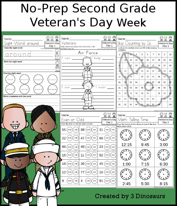 No-Prep Veteran's Day Weekly Pack for Second Grade with 5 days of activities to do to learn with a fall Veteran's Day theme - 3Dinosaurs.com