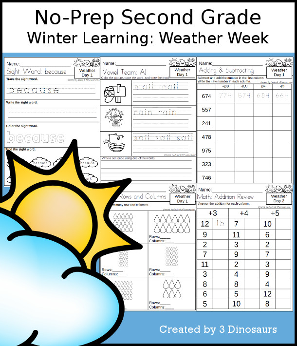 No-Prep Weather Themed Weekly Pack for Second Grade with 5 days of activities to do to learn with a Weather theme - 3Dinosaurs.com