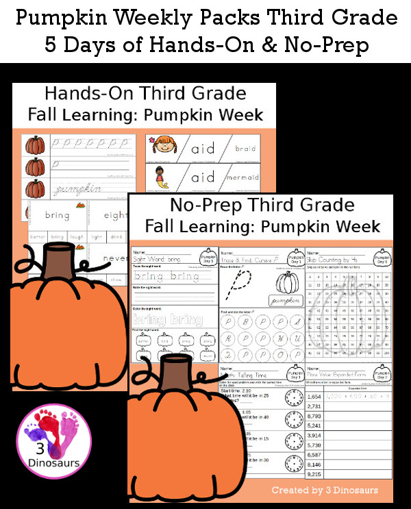 No-Prep & Hands-On Pumpkin Themed Weekly Packs for Third Grade with 5 days of activities to do to learn with a fall pumpkin theme - 3Dinosaurs.com