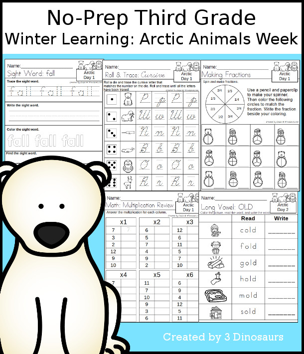 No-Prep Arctic Animals Themed Weekly Packs for Third Grade with 5 days of activities to do to learn with a winter Arctic Animals.  - 3Dinosaurs.com