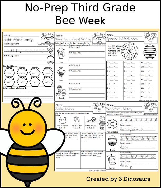 No-Prep Bee Weekly Packs for Third Grade with 5 days of activities to do to learn with a spring Bee.  - 3Dinosaurs.com