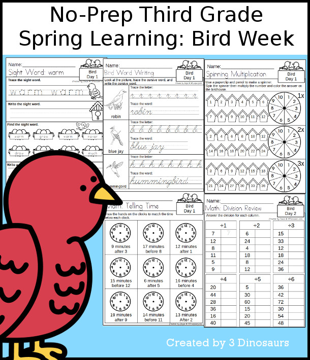 No-Prep Bird Themed Weekly Packs for Third Grade with 5 days of activities to do to learn with a spring Bird.  - 3Dinosaurs.com