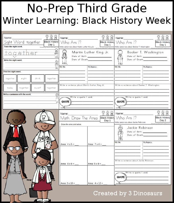 No-Prep Black History Weekly Packs for Third Grade with 5 days of activities to do to learn with a spring Black History.  - 3Dinosaurs.com