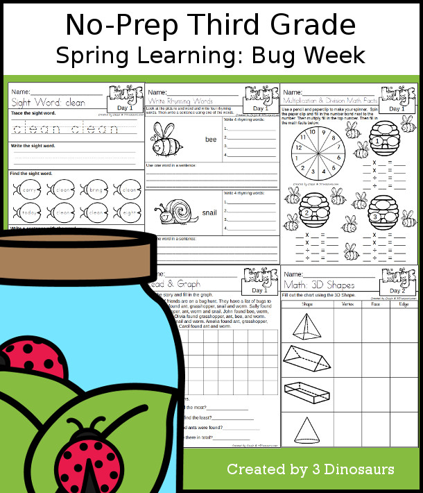 No-Prep Bug Themed Weekly Packs for Third Grade with 5 days of activities to do to learn with a spring Bug.  - 3Dinosaurs.com