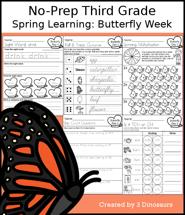 No-Prep Butterfly Themed Weekly Packs for Third Grade with 5 days of activities to do to learn with a spring Butterfly theme.  - 3Dinosaurs.com