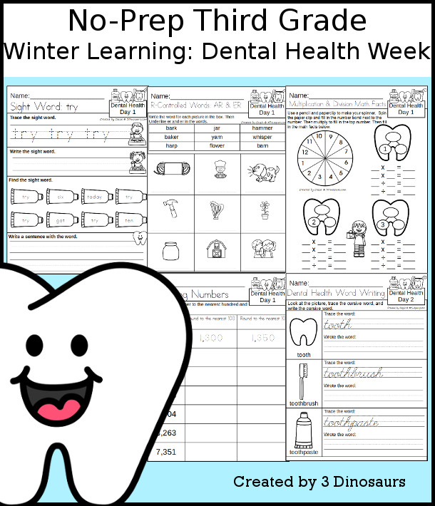 No-Prep Dental Health Weekly Packs for Third Grade with 5 days of activities to do to learn with a spring Dental Health.  - 3Dinosaurs.com