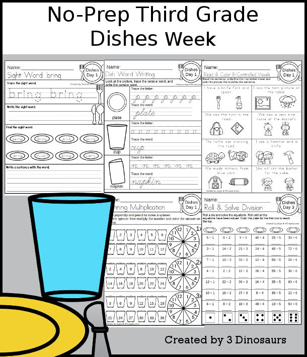 No-Prep Dishes Weekly Packs for Third Grade with 5 days of activities to do to learn with a winter Dishes.  - 3Dinosaurs.com