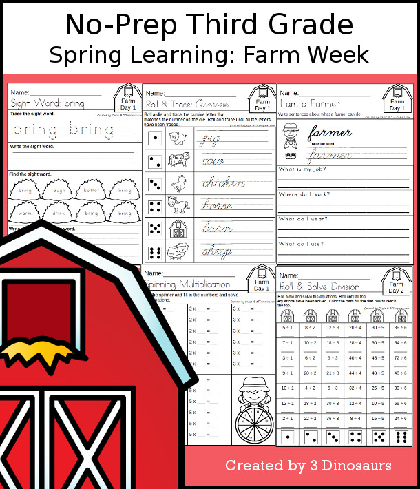 No-Prep Farm Themed Weekly Packs for Third Grade with 5 days of activities to do to learn with a spring Farm.  - 3Dinosaurs.com