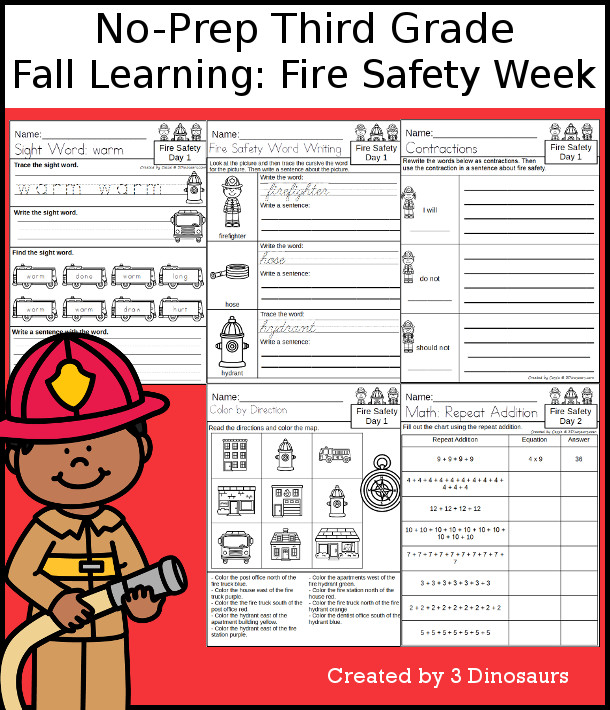 No-Prep Fire Safety Themed Weekly Packs for Third Grade with 5 days of activities to do to learn with a fall Fire Safety.  - 3Dinosaurs.com