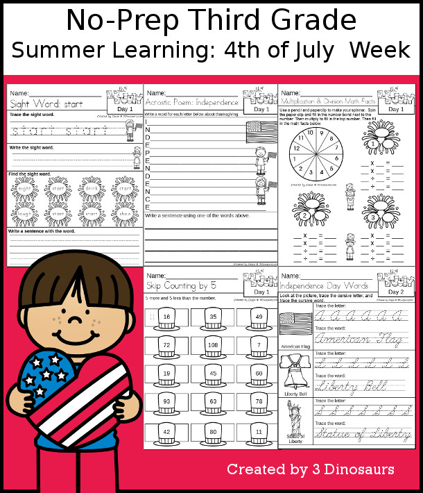 No-Prep Fourth of July Themed Weekly Packs for Third Grade with 5 days of activities to do to learn with a summer Fourth of July.  - 3Dinosaurs.com