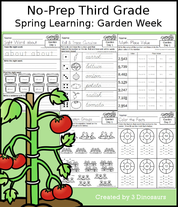 No-Prep Garden Themed Weekly Packs for Third Grade with 5 days of activities to do to learn with a spring Garden.  - 3Dinosaurs.com