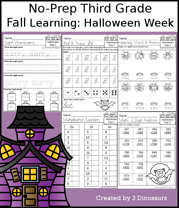 No-Prep Halloween Themed Weekly Packs for Third Grade with 5 days of activities to do to learn with a fall Halloween theme - 3Dinosaurs.com