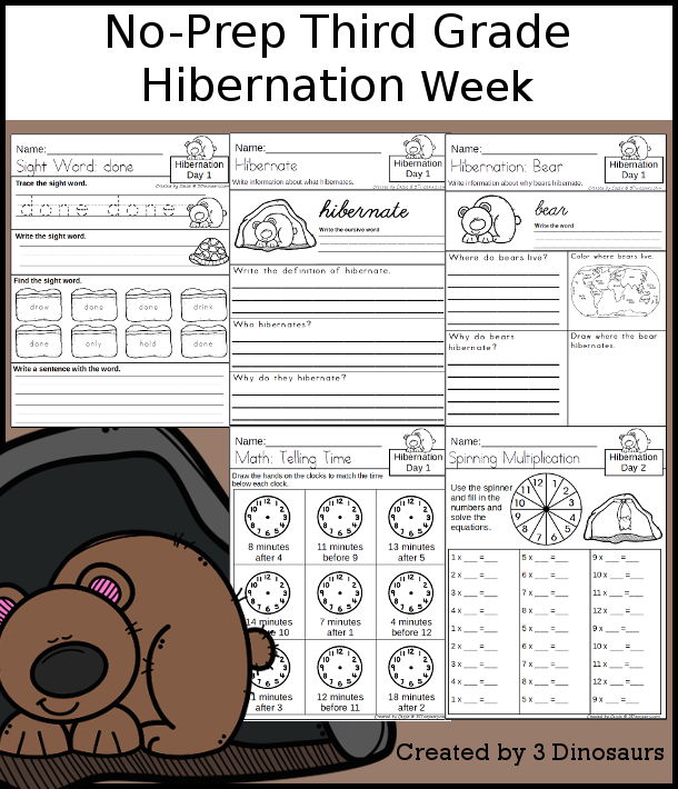 No-Prep Hibernation Weekly Packs for Third Grade with 5 days of activities to do to learn with a winter Hibernation.  - 3Dinosaurs.com