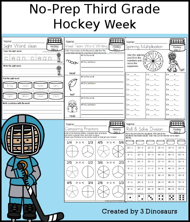 No-Prep Hockey Weekly Packs for Third Grade with 5 days of activities to do to learn with a winter Hockey.  - 3Dinosaurs.com