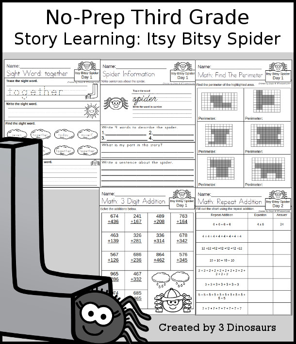 No-Prep Itsy Bitsy Spider Themed Weekly Packs for Third Grade with 5 days of activities to do to learn with a spring Itsy Bitsy Spider.  - 3Dinosaurs.com