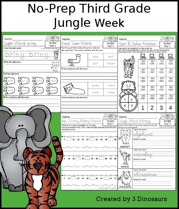 No-Prep Jungle Weekly Packs for Third Grade with 5 days of activities to do to learn with a summer Jungle.  - 3Dinosaurs.com